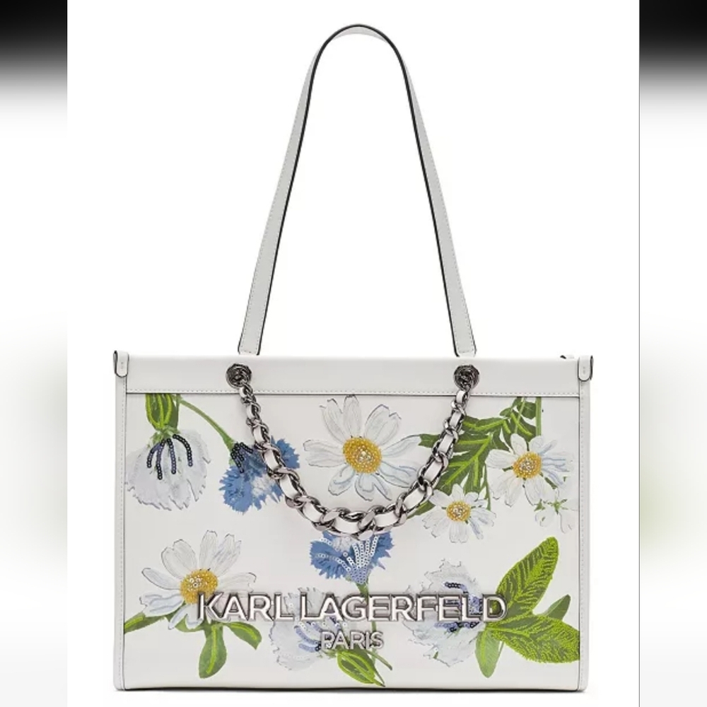 Karl Lagerfeld Large White Tote with Blue and Green Daisy Sparkly Floral Print